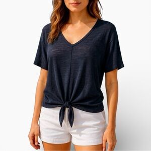 Chico’s Top Tie Front Small Navy Blue Linen Dolman Sleeve V-Neck